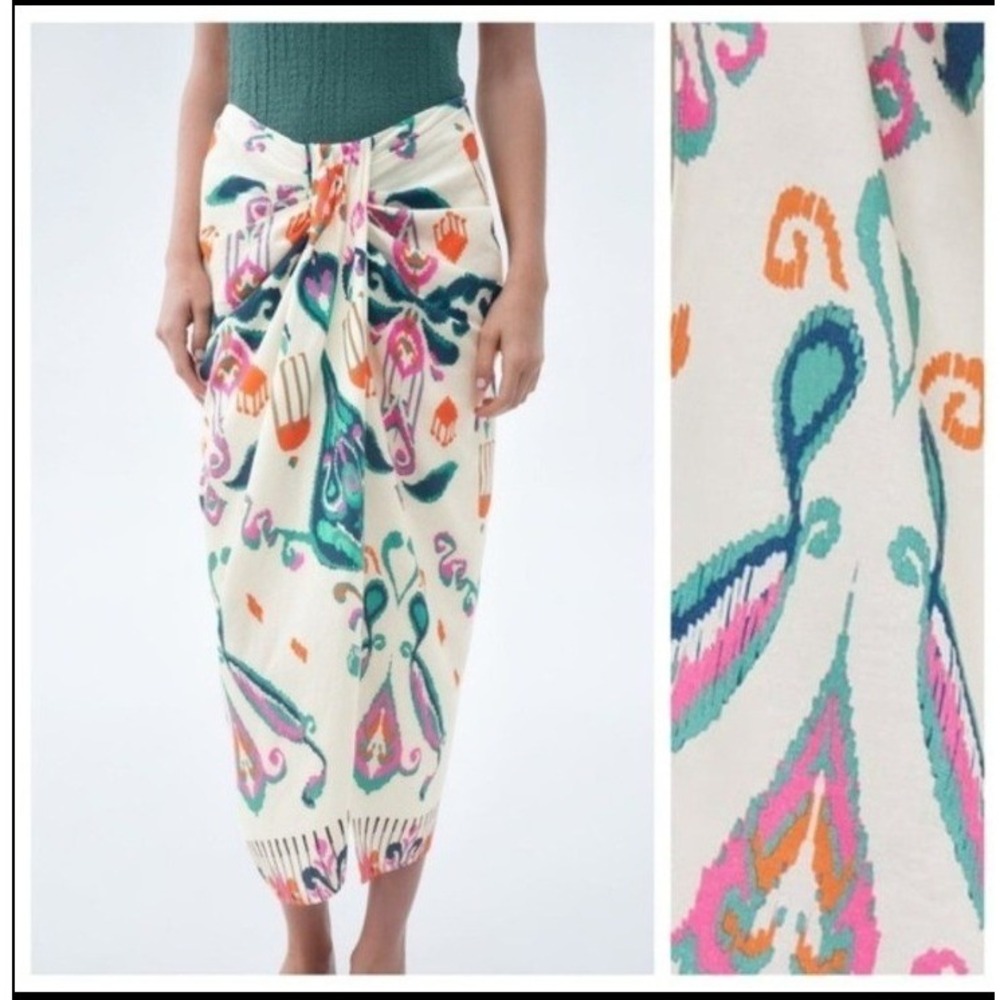 Zara Midi Skirt Womens S Ivory Linen Blend Knotted Pareo Boho Ikat‎ High-Waisted